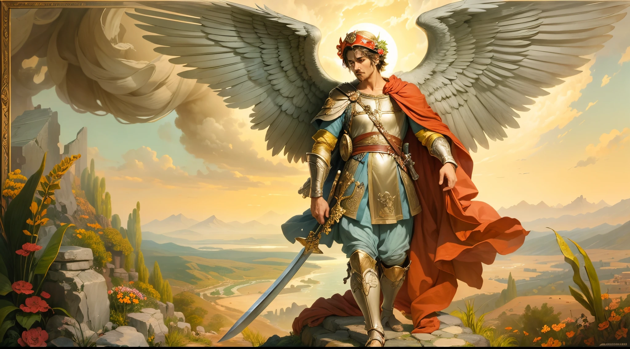 Closeup of an image a man angel with a large and long sword with attack position in the right hand, in the other left hand holding a scale, Angel dressed as a Roman soldier looking at the ground, arcanjo homem com asas grandes, o anjo da fortuna, perfeito, Realistic, Biblical setting, Biblical Paradise Setting, sol e nuvens ultras realistas, flores e velas, illuminated archangel of heaven, flores coloridas, velas acesas, roupas brancas e vermelhas, St. George and St. Miguel