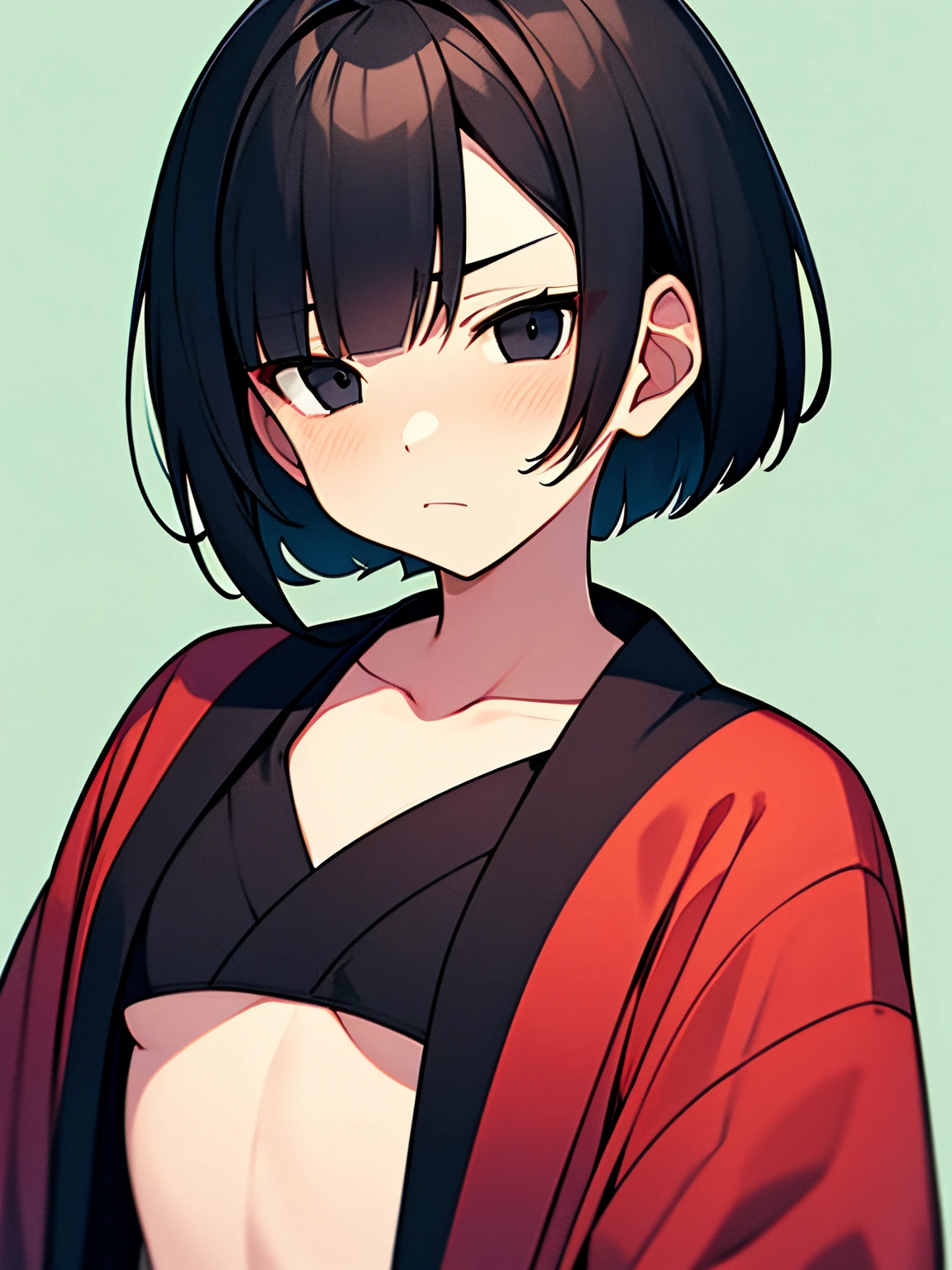 short bob, black hair, black eyes, slant eyes, round face, high ****, bad mood, kimono, open clothes,