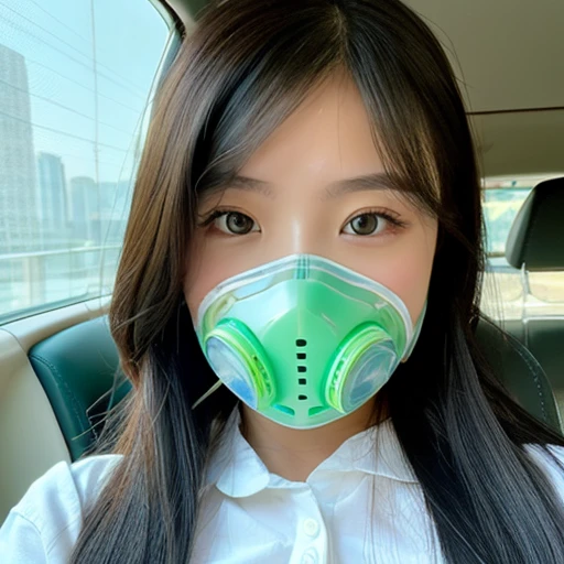 green transparent oxygen mask、girl wearing it