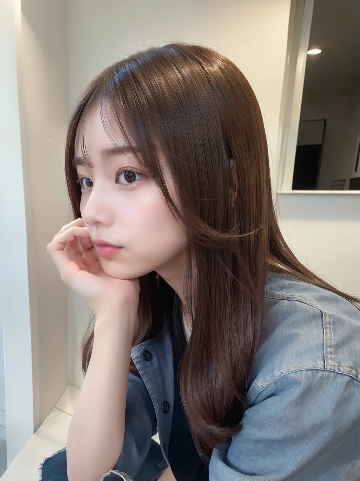 ((top-quality、8K、​masterpiece:1.3))、dark brown  hair、 wearing black sweater、 Highly detailed facial and skin texture, A detailed eye, 二重まぶた、A MILF、straight haired、smooth hair、Shot in natural light、white walls、Taken in front of the white door、(white wall room with window)、Hairstyle is straight straight hair、Natural Color Lip、Crouch down、crouching down、Pose Barriada Beautiful profile:1.3)、Don't look at the camera、profile、denim jackets