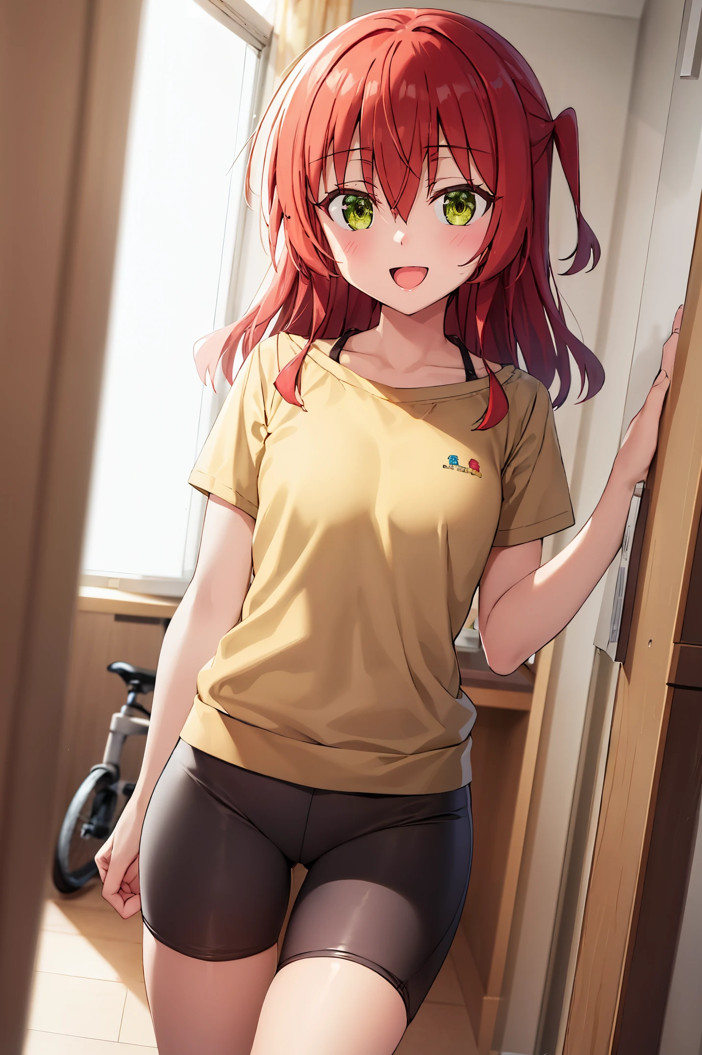Room, 1 girl, best quality, ultra high res, long hair, red hair, green eyes, black bra strap, yellow shirt, short sleeves, bike shorts, bike shorts under shirt, looking at viewers, small breast, standing, pov, slim body, li body, small body, smile, open mouth,