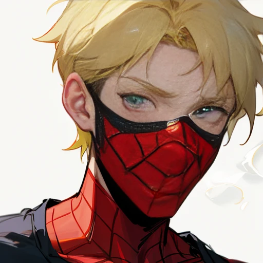 Closeup photo of Spiderman, atmospheric scene, masterpiece, best quality, (detailed beautiful face, ultra-detailed body:1.1), green lime spiderman mask with yellow webbing, blonde bleach hair, top surgery scars, birthmark, grey sweatpants, black tank top, long fingerless gloves, very detailed,
