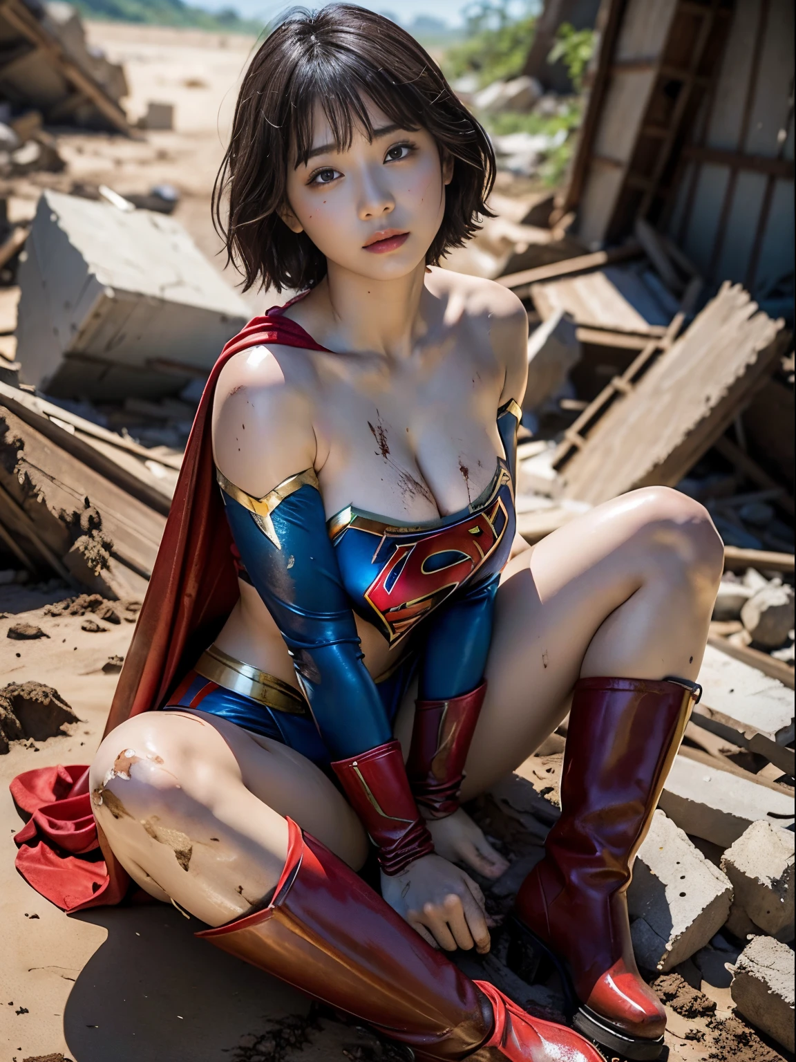 masterpiece、Short-haired Supergirl lying in the rubble、large full breasts、Looking at the camera、Glossy costume、Manju Sosai、wounded、Mud stains、Covered in mud、Exhausted、cum on、Bukkake、MuCoi、mush、bright red enamel boots