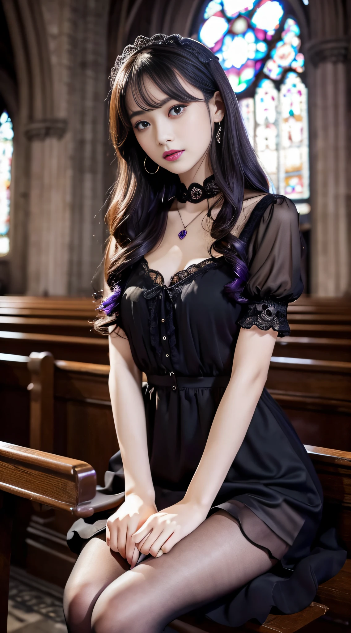 LTRA Details、Fascinating beauty、Dainty woman、Cool Girl、Wavy Hair、Black chiffon dress、Wide sleeves、flered skirt、Black pantyhose、Evil Female Executive、Evil Fall、brainwash、lacy fabric、Glossy legs、black lipstick、Evil look、Suspicious look、Hollow eyes、wicked、Reaching out、Arms up、In the Church、Palm forward、Purple Lipstick、Pendants、Two Women、Brainwashing device、Pendants