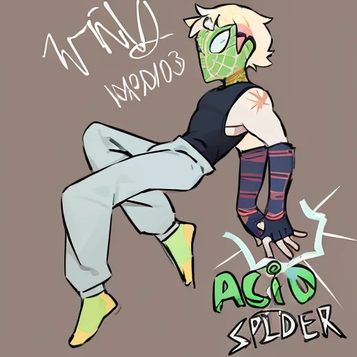 Closeup photo of Spiderman, masterpiece, best quality, green lime spiderman mask with yellow webbing, blonde bleach hair, top surgery scars, birthmark, grey sweatpants, black tank top, long fingerless gloves, very detailed,