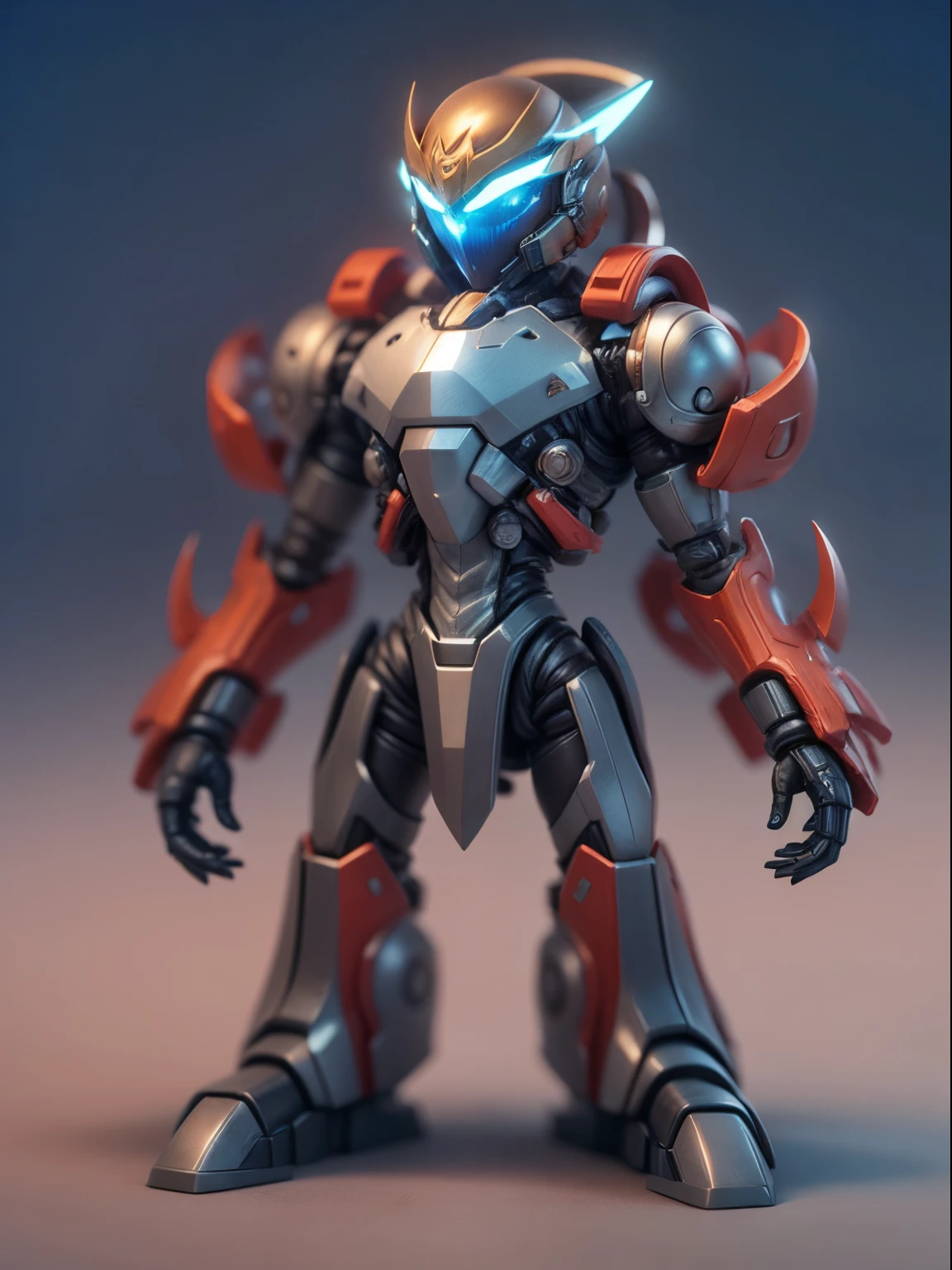 (Blind box toy style:1.2), (Full body shot) , 1 cute strong metal mage, Metal mech,Metal opaque helmet, cyber punk perssonage, dreamy glow, Clean, Black draft,red and blue style, ( Global illumination, Ray traching, hdr, unreal render,reasonable design, high detal, Masterpiece, Best quality, hyper HD, Cinematic lighting)(salama),(Rich posture shapes)Clean background