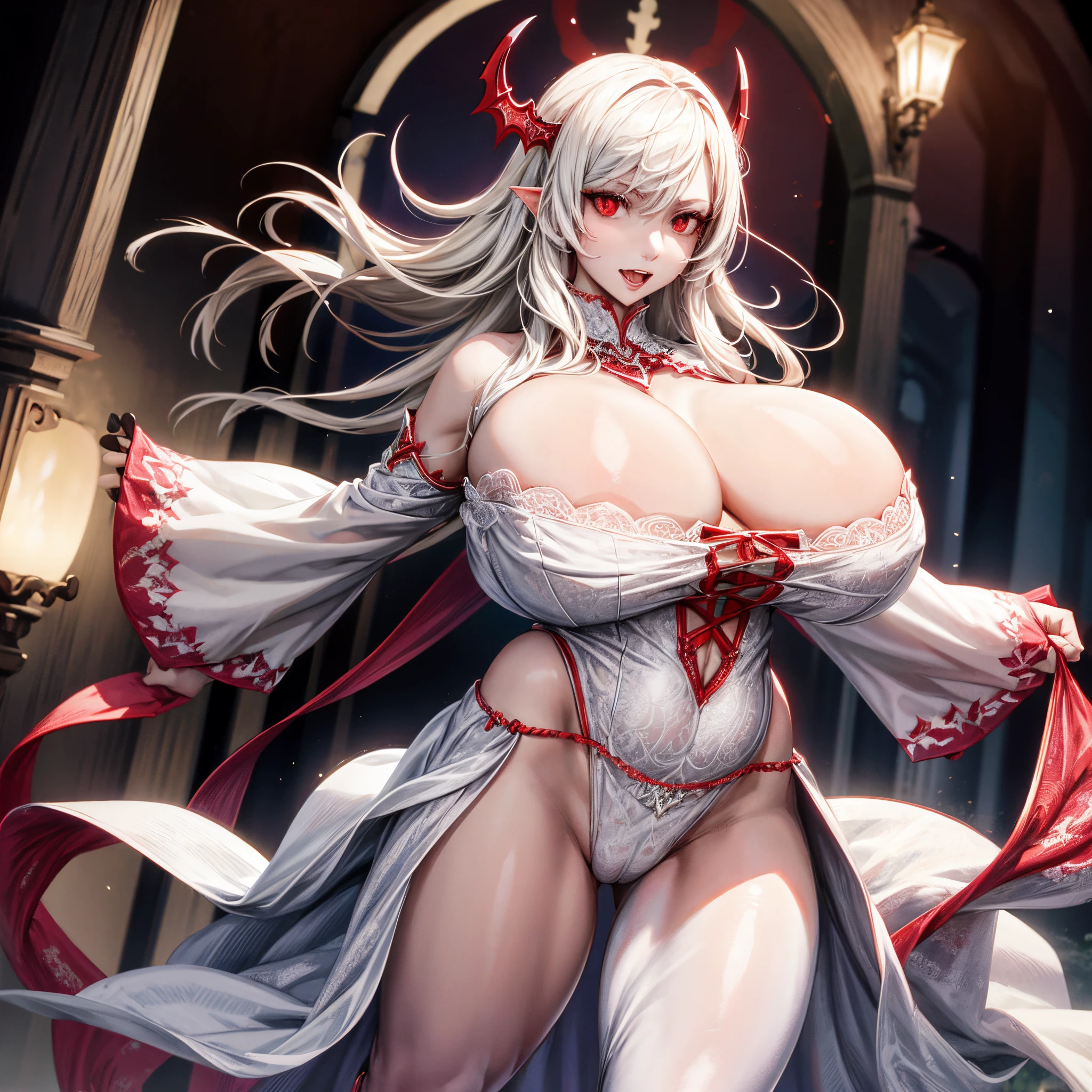 beautiful alluring white vampire with fangs extended red eyes SFW huge breasts intricate fancy dress, full body, dynamic pose, full HD