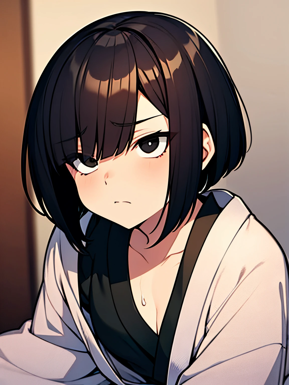short bob, black hair, black eyes, slant eyes, round face, high teen, bad mood, kimono, open clothes, intense sex,