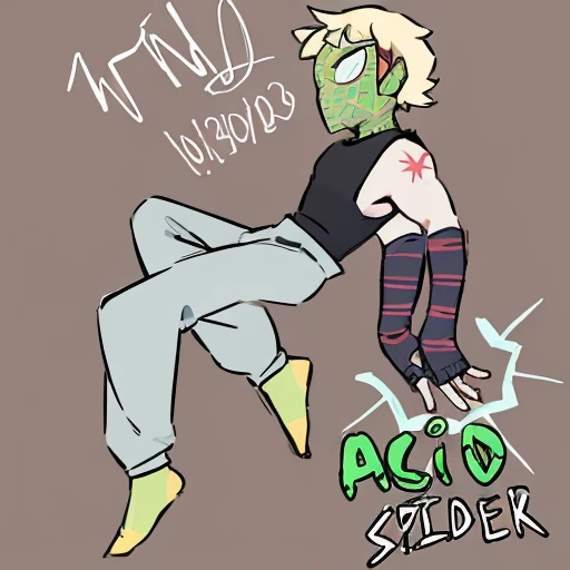 Closeup photo of Spiderman, masterpiece, best quality, green lime spiderman mask with yellow webbing, blonde bleach hair, top surgery scars, birthmark, grey sweatpants, black tank top, long fingerless gloves, very detailed, webs coming from fingertips, detailed body and mask,