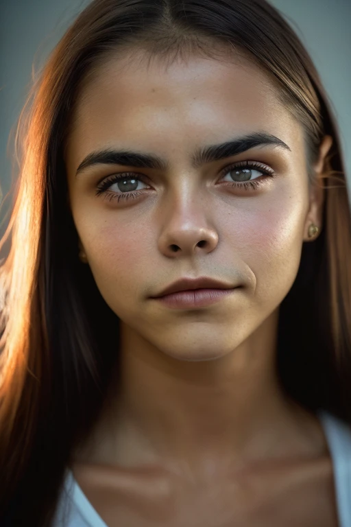 (primer plano, editorial photograph of a 21 year old woman), (Cara altamente detallada:1.4) (sonrisa:0.7) (fondo interior oscuro, malhumorado, Estudio privado:1.Ov, Dirigido por: Lee Jeffries, Nikon D850 |, Film stock photography ,4 Kodak Portra 400 ,camera f1.6 lentes ,colores ricos ,hiperrealista ,textura realista, Dramatic lighting , CineStill 800,