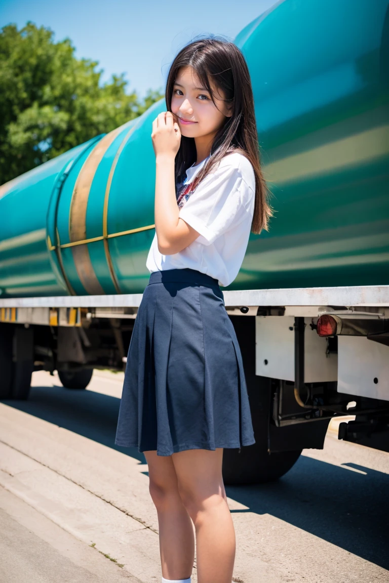 Beautiful girl standing in front of an oil tank truck、()、summer clothing、japanes、Doya face、Knee-length skirt、