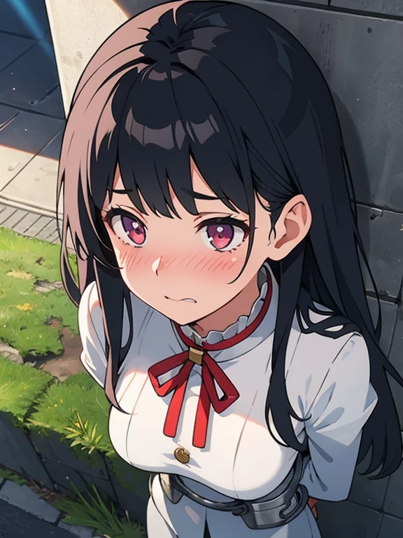 Realistic, outdoor, 1wall, wide angle,1girl, long hair, shy, embarrassed, blushed, wide angle, POV, from above, standing, neck in shackles, neck chained on wall, (jk uniform), light rays, glow, (masterpiece), wallpaper
