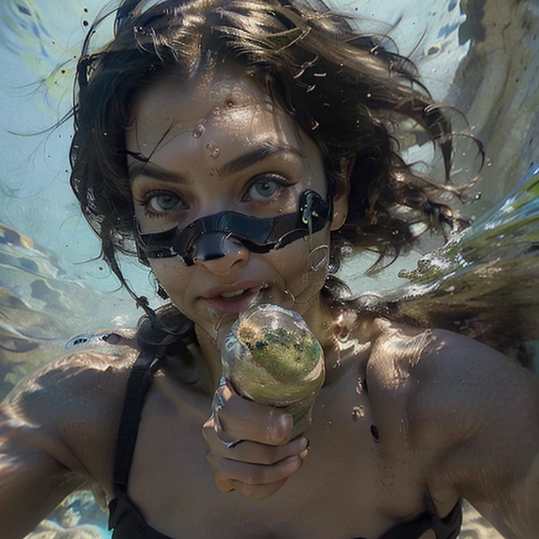 foreshortening, profundidade de campo, master part, best quality, 1girl, dark green hair, olhos negros, cabelos longos, underwater, bolha de ar, sozinho, Olhando para o viewer, nua, human-salamandra hybrid, pele sedosa, luz solar fraca,