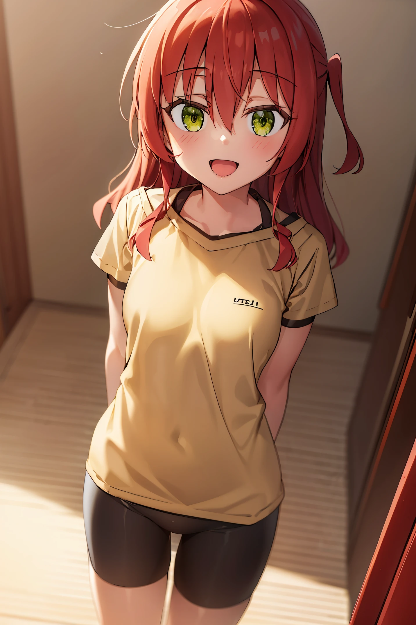 Room, 1 girl, best quality, ultra high res, long hair, red hair, green eyes, black bra strap, yellow shirt, short sleeves, bike shorts, bike shorts under shirt, looking at viewers, small breast, standing, pov, slim body, li body, small body, smile, open mouth,
