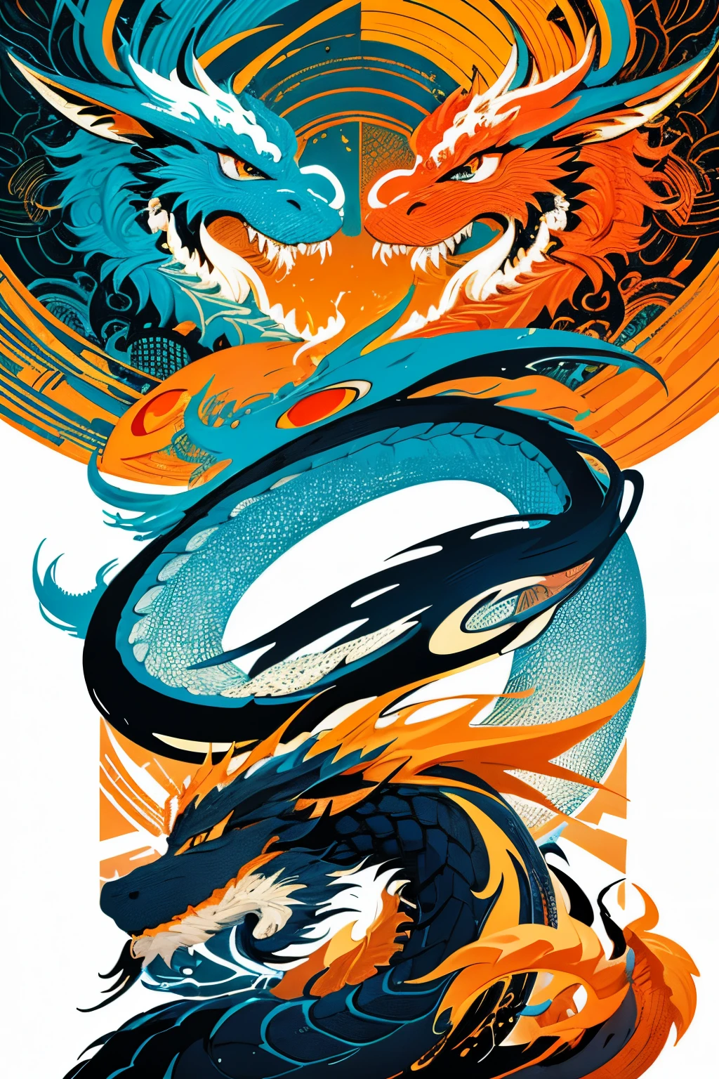 chinesedragon，Graphic illustration，geometric figure，Bold composition，vibrant with colors，white backgrounid
