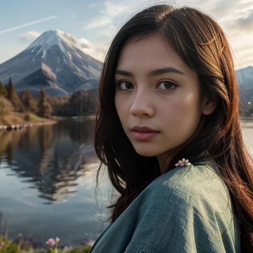 best quality, masterpiece, extremely detailed, detailed background, detailed eyes, anime, 1girl, beautiful eyes, young girl, long hair girl, expressive face, kimono, retro, mount fuji lansdscape, outdoors, sunset, beautiful sky, lake picnic, landscape, scenery, horizon, mountain sitting near mountain, wind, flower petal, spring, looking away, atmospheric lighting, reflection, naturalistic, detail, realism. relaxation, beauty, solo focus, close up, from side, depth of field, bokeh