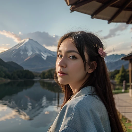 best quality, masterpiece, extremely detailed, detailed background, detailed eyes, anime, 1girl, beautiful eyes, young girl, long hair girl, expressive face, kimono, retro, mount fuji lansdscape, outdoors, sunset, beautiful sky, lake picnic, landscape, scenery, horizon, mountain sitting near mountain, wind, flower petal, spring, looking away, atmospheric lighting, reflection, naturalistic, detail, realism. relaxation, beauty, solo focus, close up, from side, depth of field, bokeh