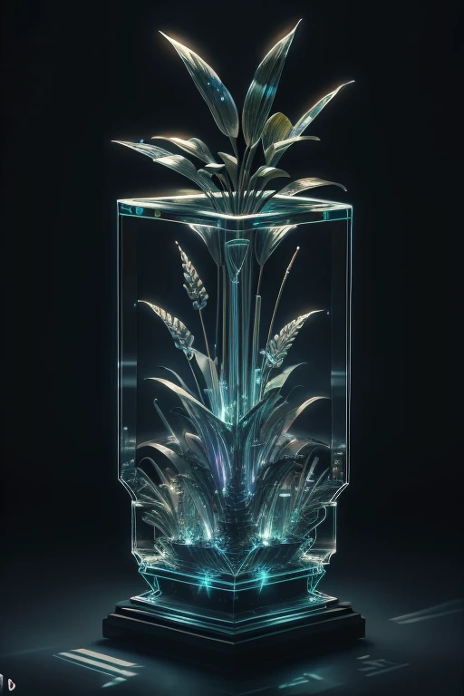 A masterpiece of glass sculpture，blades made of glass，There are plants inside，Eau，with light glowing，，high qulity，high detal，best qualtiy，rtx，4k，8k，