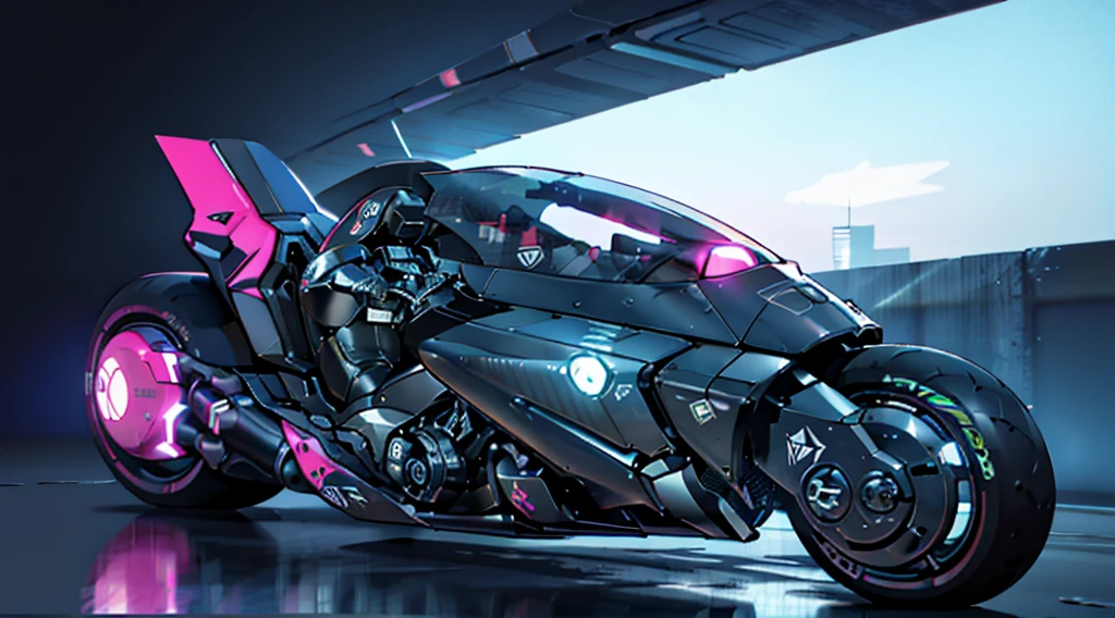 futuristic motorbike, 3D rendering, sleek design, metallic body, neon lights, aerodynamic shape, cutting-edge technology, advanced engine, innovative wheels, streamlined silhouette, reflective surface, high-speed capability, dynamic posture, powerful acceleration, adjustable handlebars, futuristic helmet, enclosed cockpit, augmented reality display, glowing insignia, cyberpunk style, vibrant colors, dramatic lighting, prominent seat,