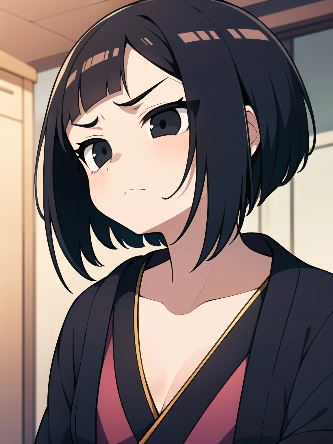 short bob, black hair, black eyes, slant eyes, round face, high teen, bad mood, kimono, open clothes, intense sex,