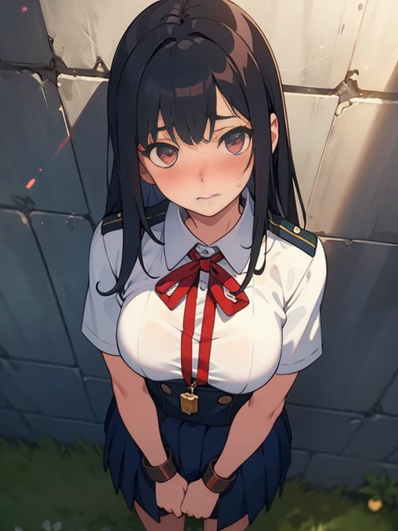 Realistic, outdoor, 1wall, wide angle,1girl, long hair, shy, embarrassed, blushed, wide angle, POV, from above, standing, neck in shackles, neck chained on wall, (jk uniform,), light rays, glow, (masterpiece), wallpaper