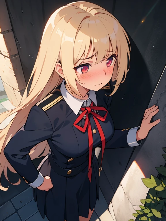 Realistic, outdoor, 1wall, wide angle,1girl, long hair, shy, embarrassed, blushed, wide angle, POV, from above, standing, neck in shackles, neck chained on wall, (jk uniform,), light rays, glow, (masterpiece), wallpaper
