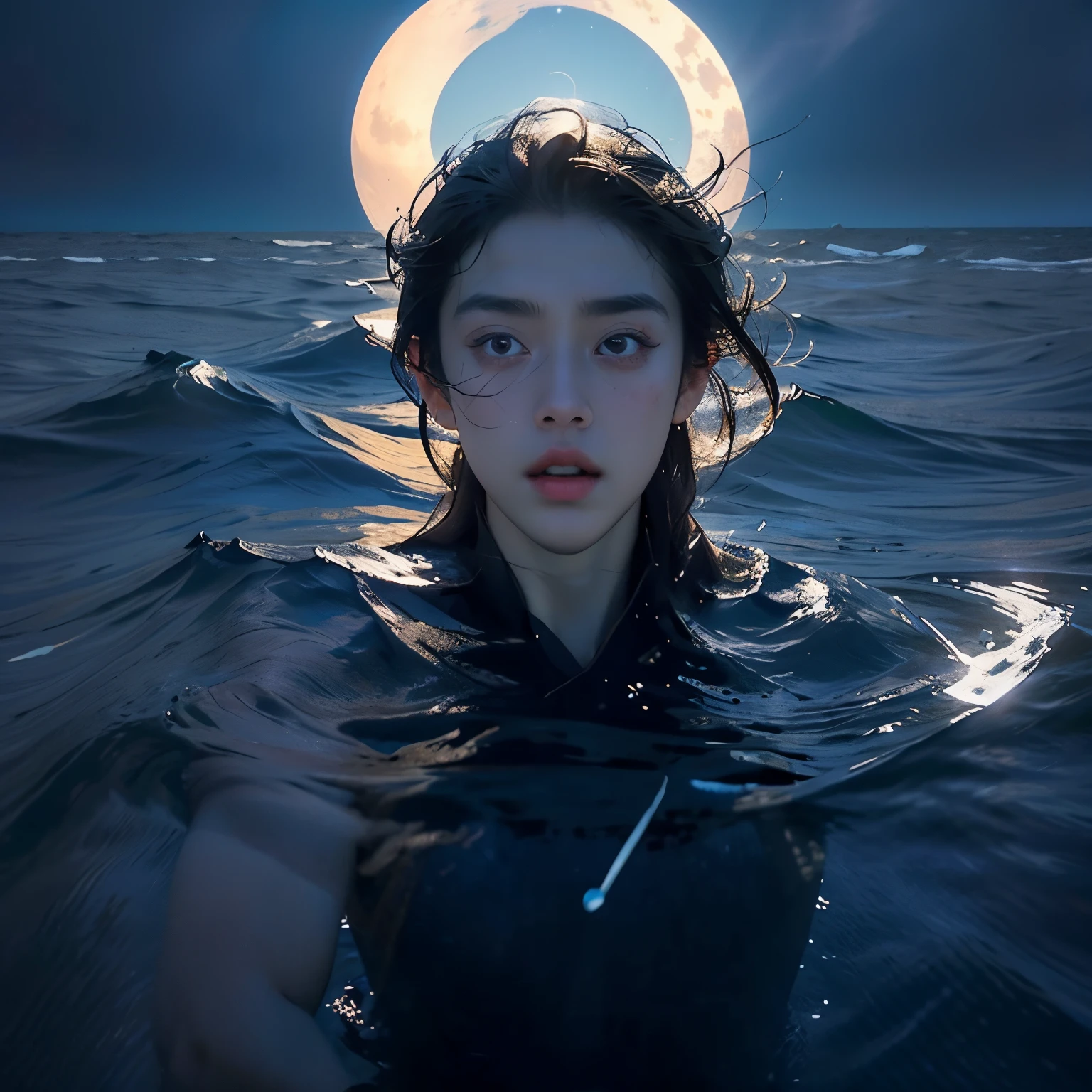 Blue sea and starry sky,Endless,A giant kun leaps out of the water,level with the sky。A man and giant Kun stand face to face