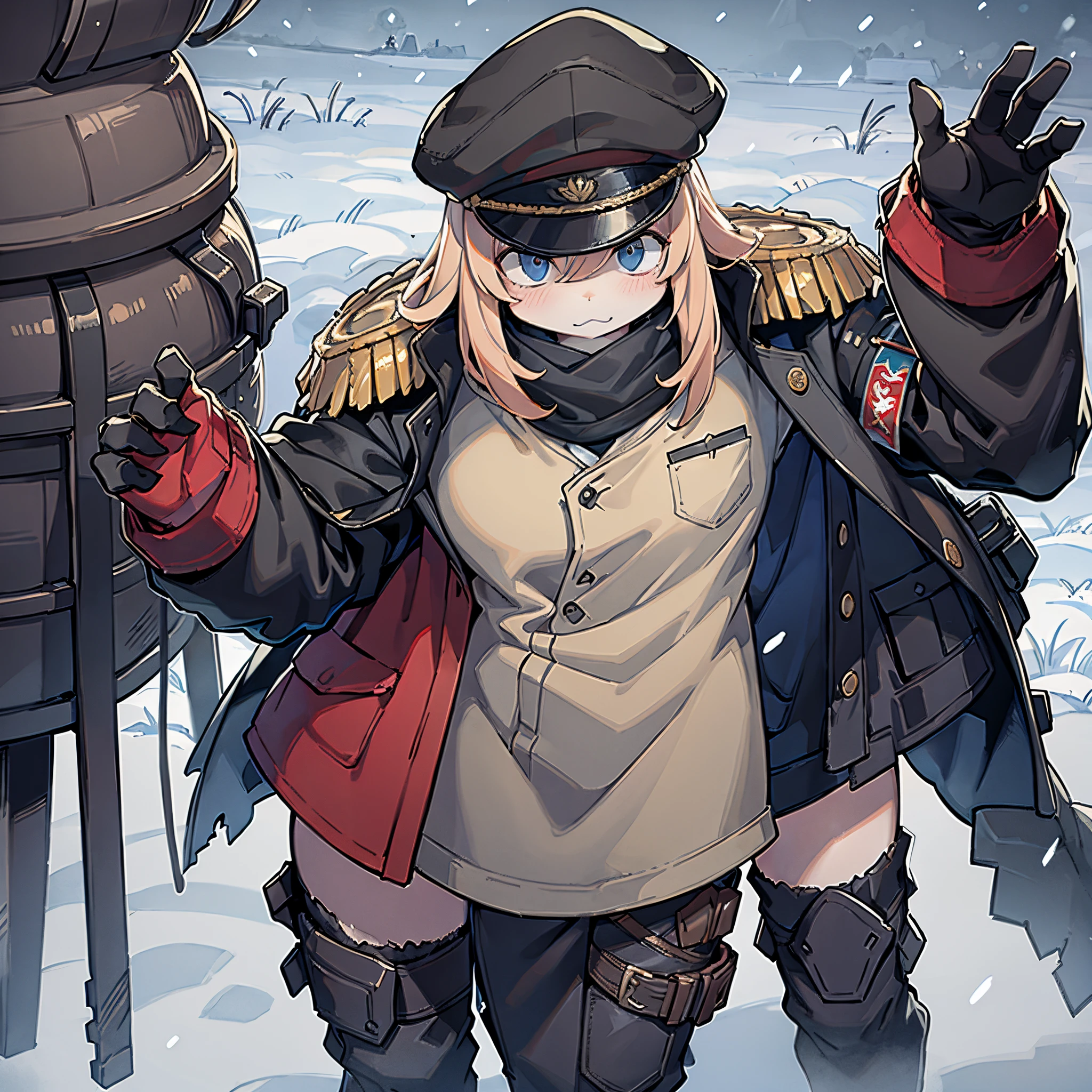 A mercenary wearing a cold-weather military uniform wandering through a snowy field.、It's so tattered that it looks like it's about to collapse at any moment