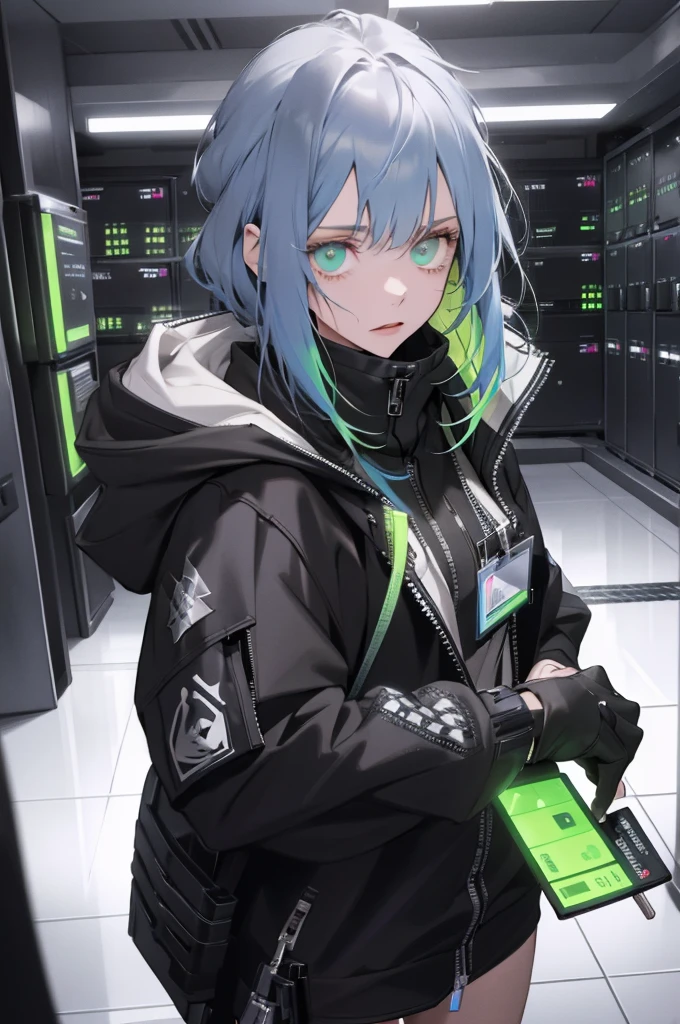 (absurdres, highres, ultra detailed), 1girl, solo, extremely detailed eyes, colorful, highest detailed, looking at viewer, solo, (full body:0.6), detailed background, detailed face, (watchdogs theme:1.1) evil high-tech futuristic hacker, advanced technology, hoodie, techwear, wearable device, keycard, electronics, (holographic display:1.05), access denied, numbers, computer, server room in background, green lights, stealth, dark sinister atmosphere, shadows,
