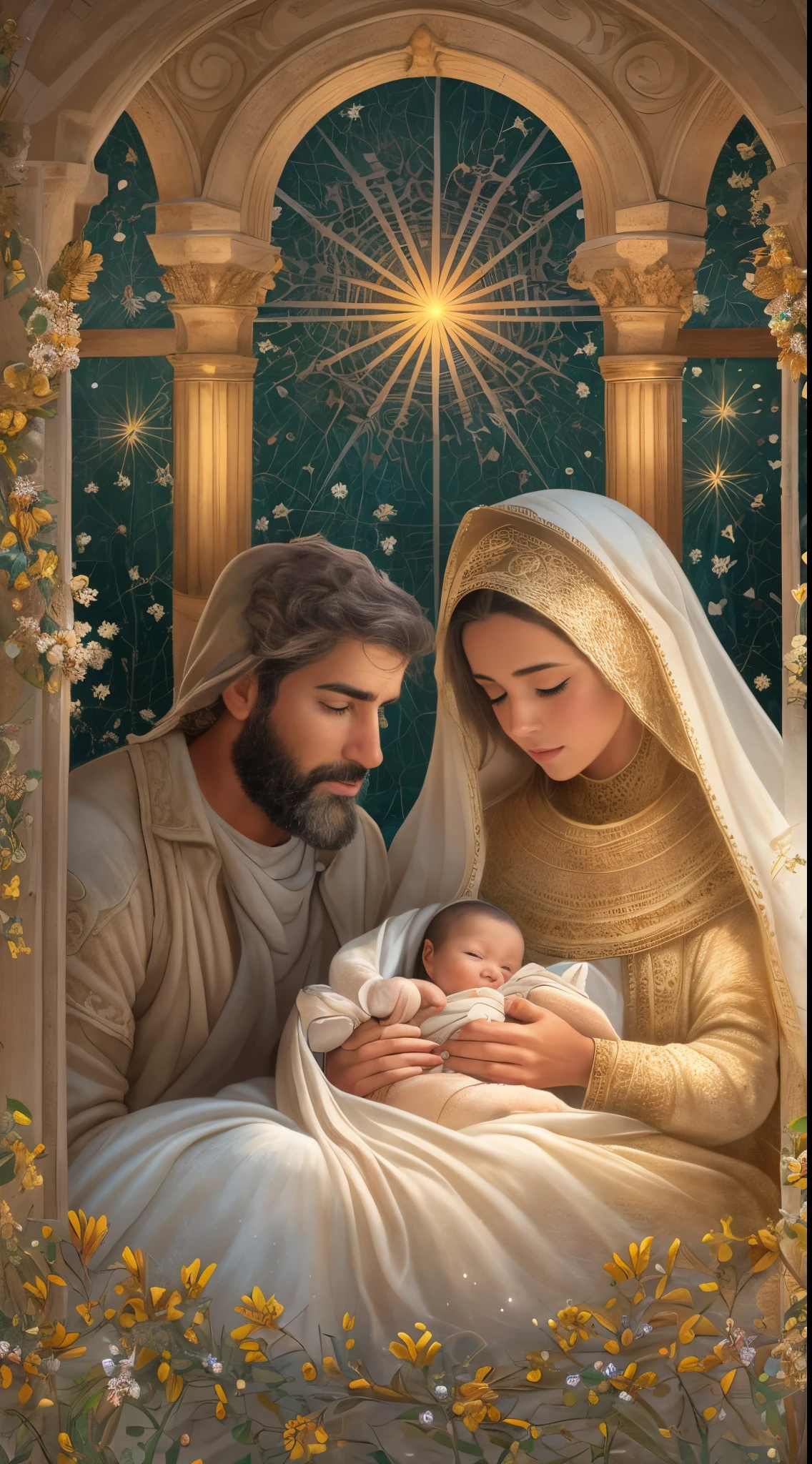 Hyper-detailed cinematic illustration! Mary and Joseph with the baby Jesus, Una familia hermosa compuesta de un padre, mother and baby very precious and beautiful, el padre tiene barba y una tunica detallada y definida, The mother has a white tunic on her head with decorations of small flowers and a white tunic-type dress with many details , 3 month old baby wrapped in a luminous golden blanket, rostros hiperdetallados y hiperbonitos, beautiful and detailed christmas landscape, el cielo tiene una estrella luminosa, la familia se ve muy amorosa y tranquila, obra maestra, arte digital, alta calidad, high resolusion, Maximum sharpness, ilustracion hiperdetallada, 4d UHD