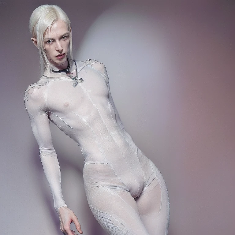 (masterpiece, best quality, 4k, dreamlike, hyperrealistic:1.35), (Doctor Sterling is albino tall lean androgynous male perverted genius nerdy geeky technomage queer transhumanist depraved homosexual misogynist kinky sadistic villain with weak stomach beautiful eyes thin face flat chest frail shoulders lithe waist male crotch bulge sleek high-tech skintight bodysuit:1.5)