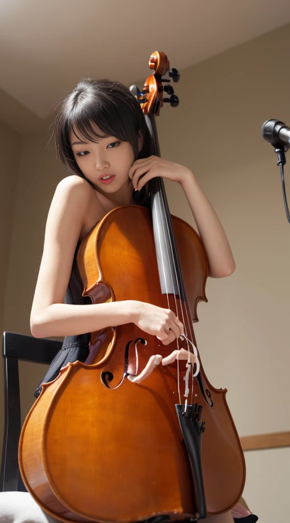 (top-quality、8K、masterpiece:1.3))、Sharp Focus:1.2、Beautiful woman with perfect body:1.4、Slim abdomen:1.2、((Layered Haircut, Small:1.2))、((Black hair, Wavy Hair))、(no-bra), (girl sitting and playing cello)、Sitting on a chair、((semi nude, Long flared skirt)), (Full body), (Legs wide open),(Angle from below), {{The nipples are hidden by the cello}},(girl has a cello), 25 years old, Japanese, Highly detailed facial and skin texture, A detailed eye, Detailed feet, Biologically correct foot, high-heels,Detailed cello depiction, (((ahegao)))