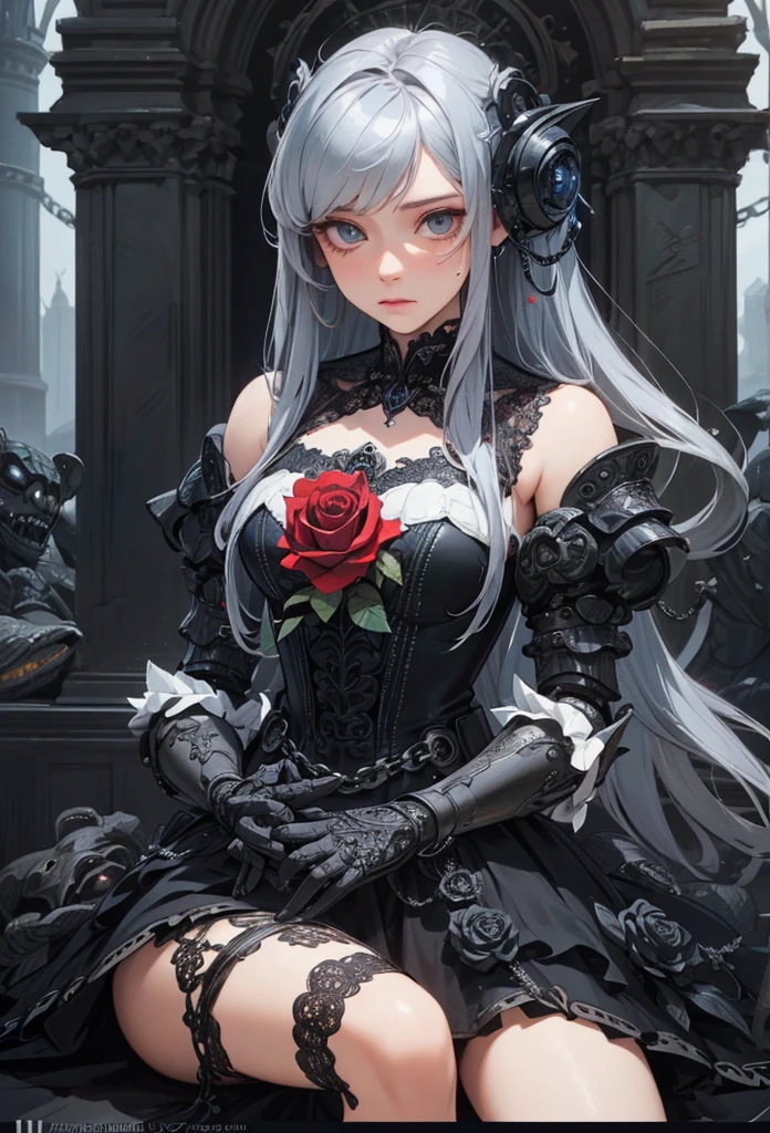 (Detailed illustrations,Very detailed and detailed drawing,Delicate lines with slow and rapid,Realistic texture expression),[Color tressed main line],[Ruins of a super-ancient civilization],[ANIME] (MACHINEAlice Beauty ) stright long hair [AUTOMATON],([Black Rose] Black dress) (Cyber Alien Armor [Through the material]) [caltrop] chains [Titanium alloy] [[Through the material]],Cybernetic Gothic Lolita,(Intricate and beautiful decoration [Dense detail]),(Fine and beautiful skin expression [Transparency]),[Perfect eye details (Iris beautifully drawn in every detail)[Jewel-like eyes]],[long and beautiful eyelashes],[Meticulously drawn hair [More on beautiful and shiny hair]],(Perfect hand details [Beautiful fingers without breakdowns [Beautiful nails]]),(Perfect Anatomy(Perfectly proportioned))[[Full body like]],[[Design built to the highest level]][Ideal color coordination(Accurate simulation of light-material interactions)],([Precision Detail](detaileds,high-detail)),[Visual art that conveys a sense of narrative].