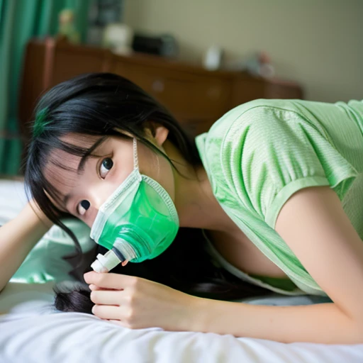 green and transparent oxygen mask、Girl wearing it lying on the bed