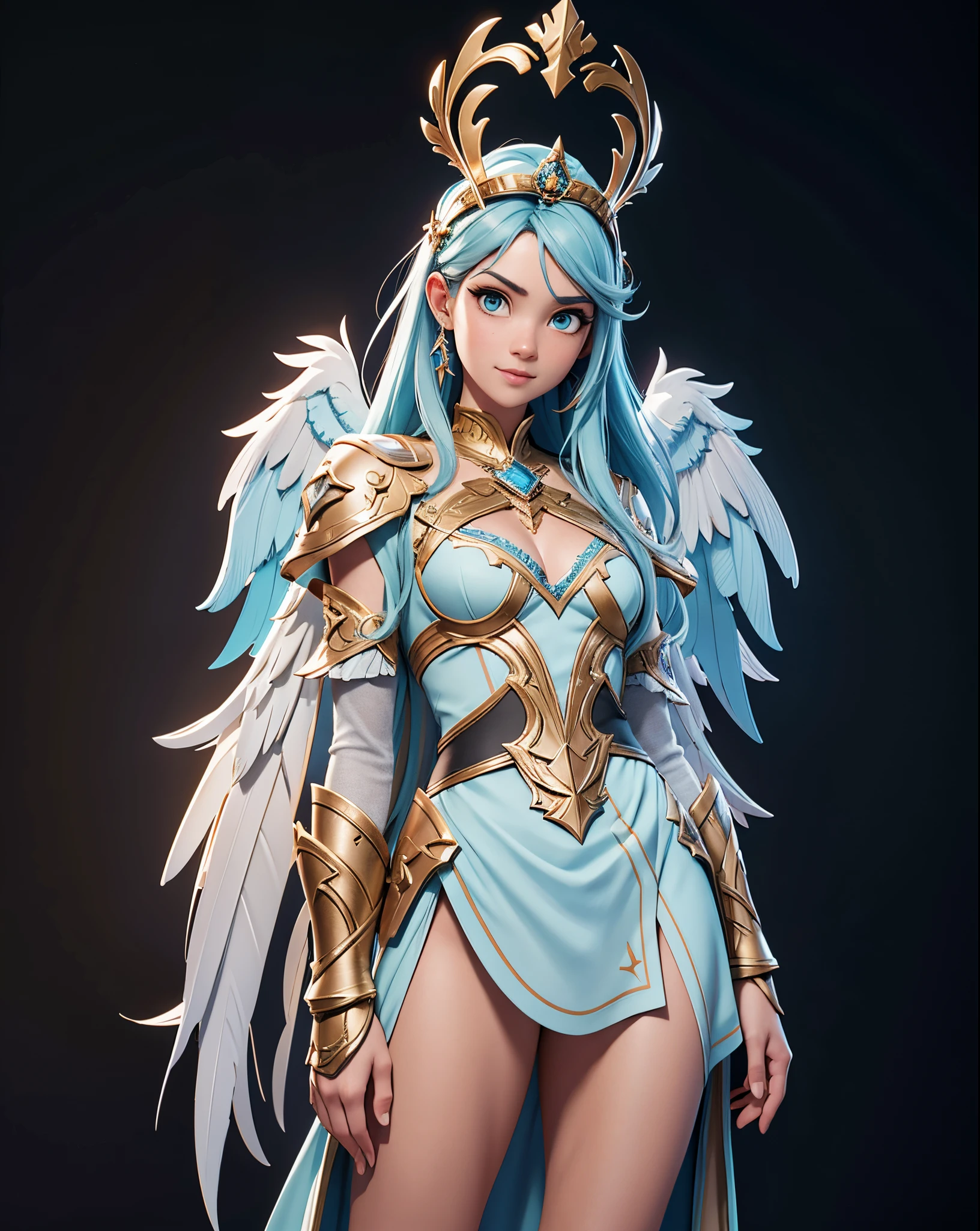There is a woman in a costume with wings and a crown, menina bonita do anjo prateada, Rossdraw 1. 0, Ross Tran 8 K, Inspirado em RossDrew, Rossdraw 2. 0, Sem estilo Ross Tran, RossDraw Pintura Digital, Rossdraw 2. 5, inspirado em Ross Tran, rossdraws global illumination, as a mystical HDR valkyrie (high dynamic range),ray tracing,NVIDIA RTX,Super-Resolution,Unreal 5,Subsurface dispersão, Textura PBR, Post-processing, anisotropic filtering, profundidade de campo, Maximum clarity and sharpness, texturas multicamadas, Albedo e mapas Speculares, surface shading, Accurate simulation of light-material interaction, perfectly proportions, octan render, Two-tone lighting, ampla abertura, ISO baixo, white-balance, thirds rule, 8K BRUTO