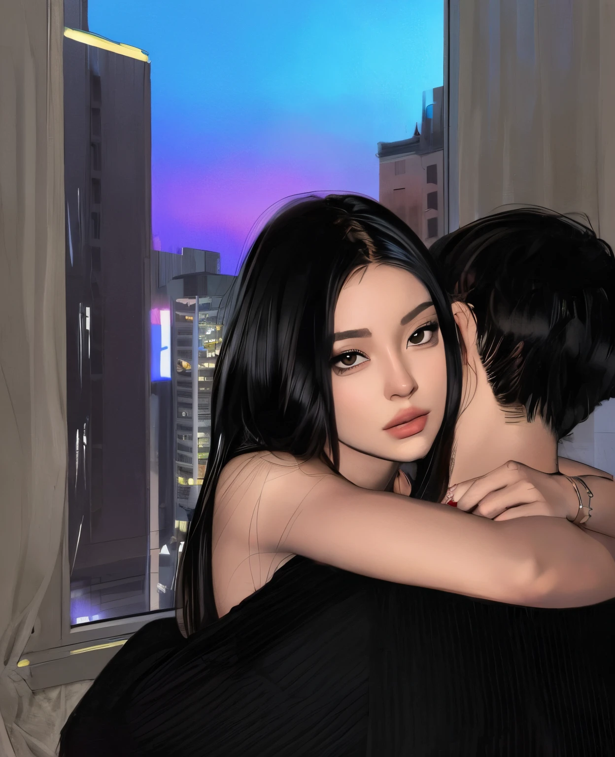 hay una mujer abrazando a un hombre frente a una ventana, Obras de arte al estilo de Guweiz, realistic artistic style, Arte digital 16K de alta calidad, Estilo de arte realista, Arte digital Ilya Kuvshinov, Imagen de arte digital, Arte digital realista 8K, exquisite digital illustration, Pintura digital brillante, Estilo de arte fotorrealista, digital anime illustration