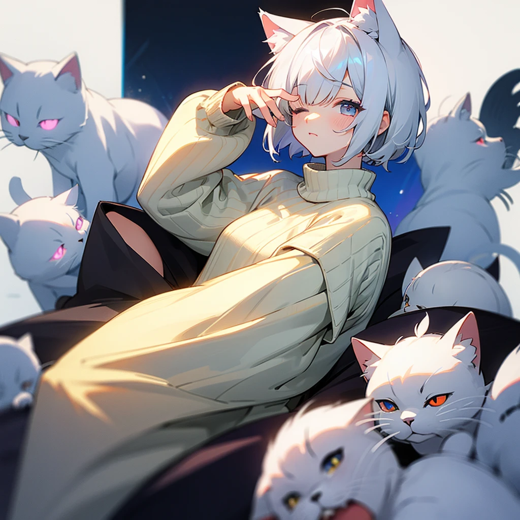 femele、short cut、Bangs that cover one eye、Sweaters、Cat's ears、White hair、eyes are closed