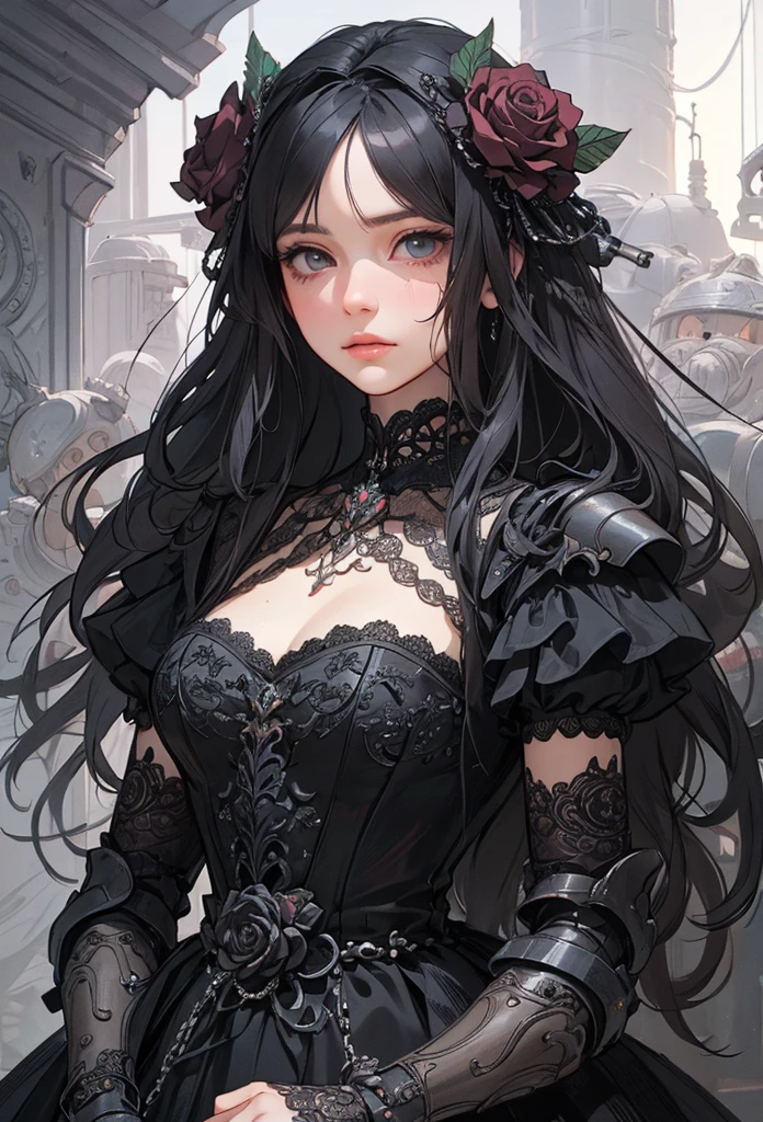 (Detailed illustrations,Very detailed and detailed drawing,Delicate lines with slow and rapid,Realistic texture expression),[Color tressed main line],[Ruins of a super-ancient civilization],[ANIME] (MACHINEAlice Beauty ) stright long hair [AUTOMATON],([Black Rose] Black dress) (Cyber Alien Armor [Through the material]) [caltrop] chains [Titanium alloy] [[Through the material]],Cybernetic Gothic Lolita,(Intre and beautiful decoration [Dense detail]),(Fine and beautiful skin expression [Transparency]),[Perfect eye details (Iris beautifully drawn in every detail)[Jewel-like eyes]],[long and beautiful eyelashes],[Meticulously drawn hair [More on beautiful and shiny hair]],(Perfect hand details [Beautiful fingers without breakdowns [Beautiful nails]]),(Perfect Anatomy(Perfectly proportioned))[[Full body like]],[[Design built to the highest level]][Ideal color coordination(Accurate simulation of light-material interactions)],([Precision Detail](detaileds,high-detail)),[Visual art that conveys a sense of narrative].