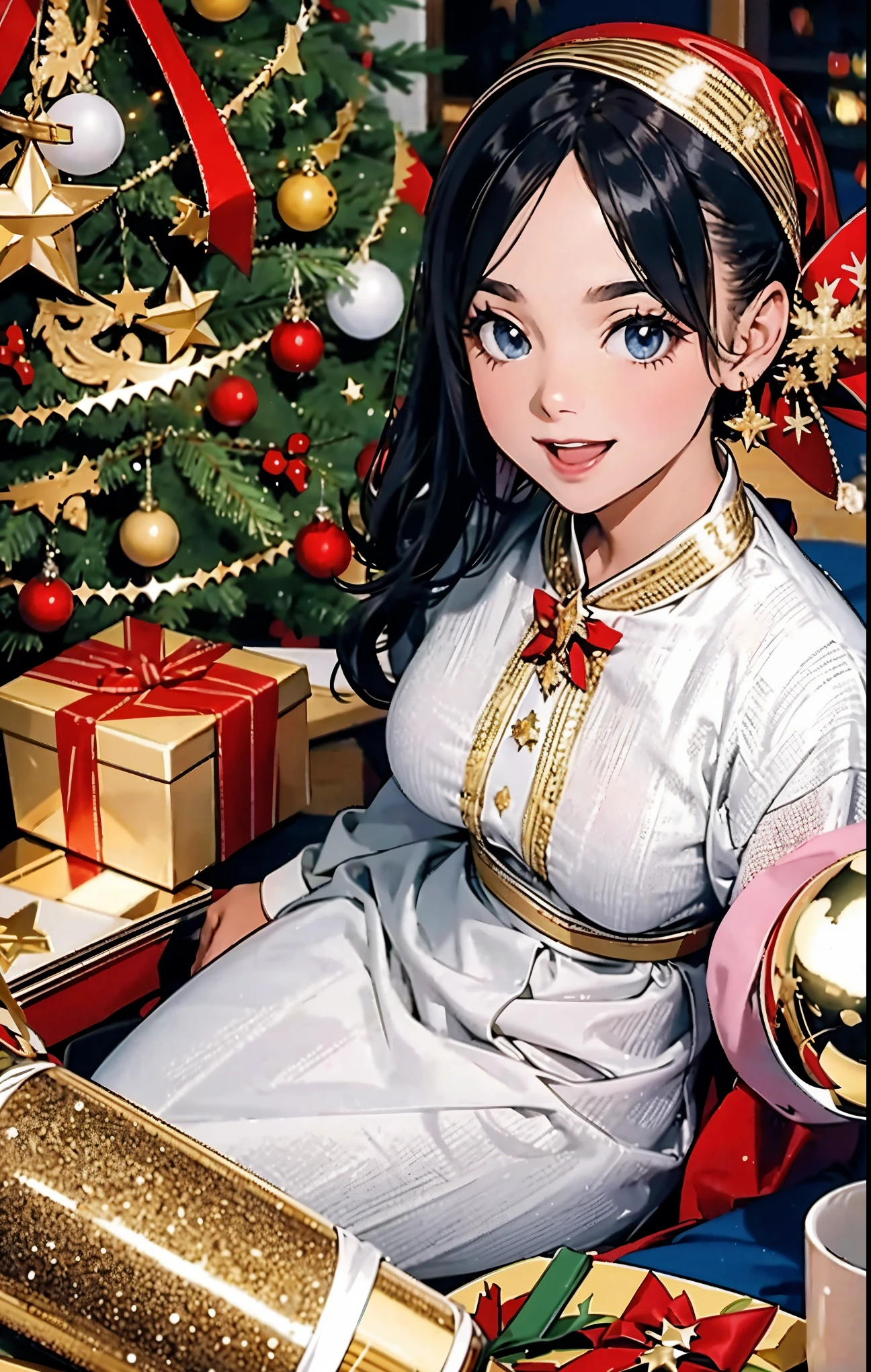 (best quality,4k,8k,highres,masterpiece:1.2),ultra-detailed,realistic,gifts,table,Christmas tree,decorations,wrapping ,bows,ribbon,presents,holiday spirit,vibrant colors,warm lighting,cozy atmosphere,toys,cards,candles,snowflakes,joyful,celebration,exquisite details,exciting surprises,shiny ornaments,sparkling tinsel,beautifully wrapped,excited children,anticipation,festive mood,magical ambiance,delightful moment,wonderful memories,family gathering,cheerful faces,Christmas magic,extravagant,abundance of presents,HDR,UHD,studio lighting,ultra-fine painting,sharp focus,physically-based rendering,professional,vivid colors,bokeh.
