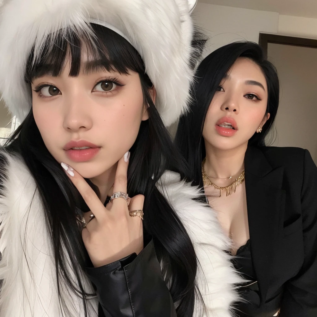 best quality, masterpiece, ultra high res, (photorealistic:1.4), RAW photo,Several women in short dresses show love sign, lots of furs, trending on CGSTATION, fur, fur outfits, love movies, 2 0 2 0 fashion, Comme des Garçons campaign, twice, high quality upload, photo booth, pose, cute: 2, photography, taken in, 🕹️ 😎 🚬 2 0 2 0