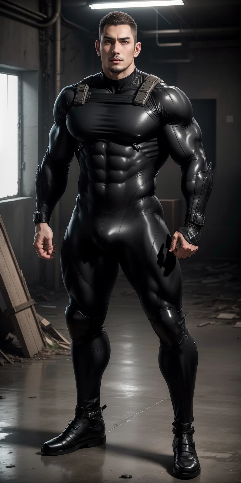 A tall, muscular man 2 meters tall opened his mouth and shouted.，He opened his mouth wide，character  design（Resident Evil - Chris Redfield，Chris Redfield）Wearing a shiny dark gray wetsuit，The whole body is wrapped，High-end leather texture，Regular symmetrical texture pattern，Standing alone in an abandoned factory, There are large comfortable and soft sofapression sad，Male hero with deep and charming right eye brown pupil，heroic masculine pose，Tall and burly，musculous！Sexy and attractive leg muscles，tall, Burly, and strong， Wearing a shiny dark gray wetsuit， Super gain and cool， commission for high resolution， Big feet wearing dark gray boots，Charming strong man，Bright sunlight shines on the body，Reflective and shiny