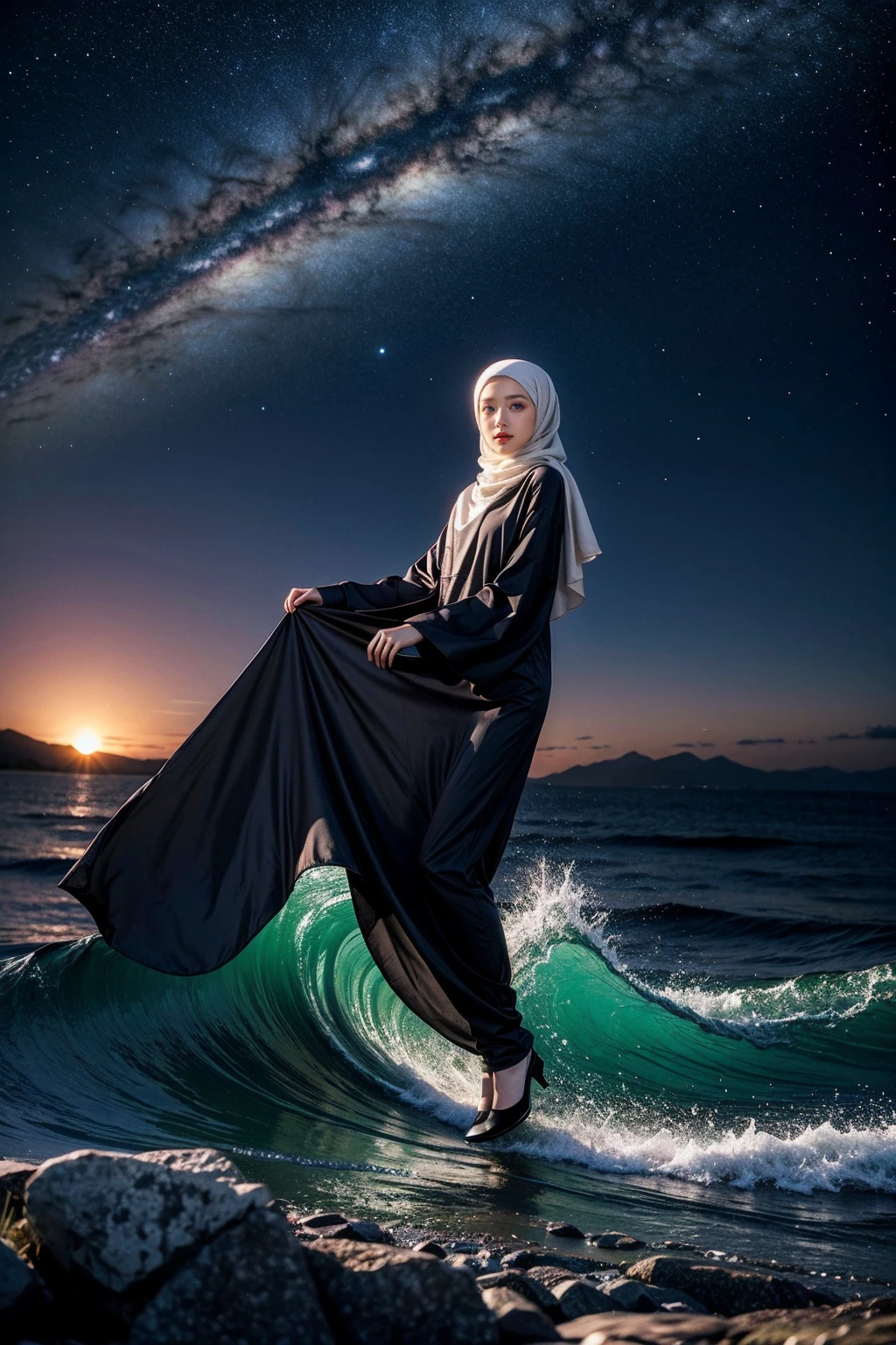 (Half-body:1.1), (loli:1.5), long tshirt Outfit, (RAW photo, Materpiece, Best Quality), (hijab:1.4), (headscarf:1.2), Flower Mountain, Landscape view, Galaxy Blackhole style, on the skies wave, The unknown existence of the seventh heaven, Clothes that are covered and polite, long-sleeved Hijab clothes, look polite and elegant, ((Best Quality Hijab Hair, Hair close with Hijab))