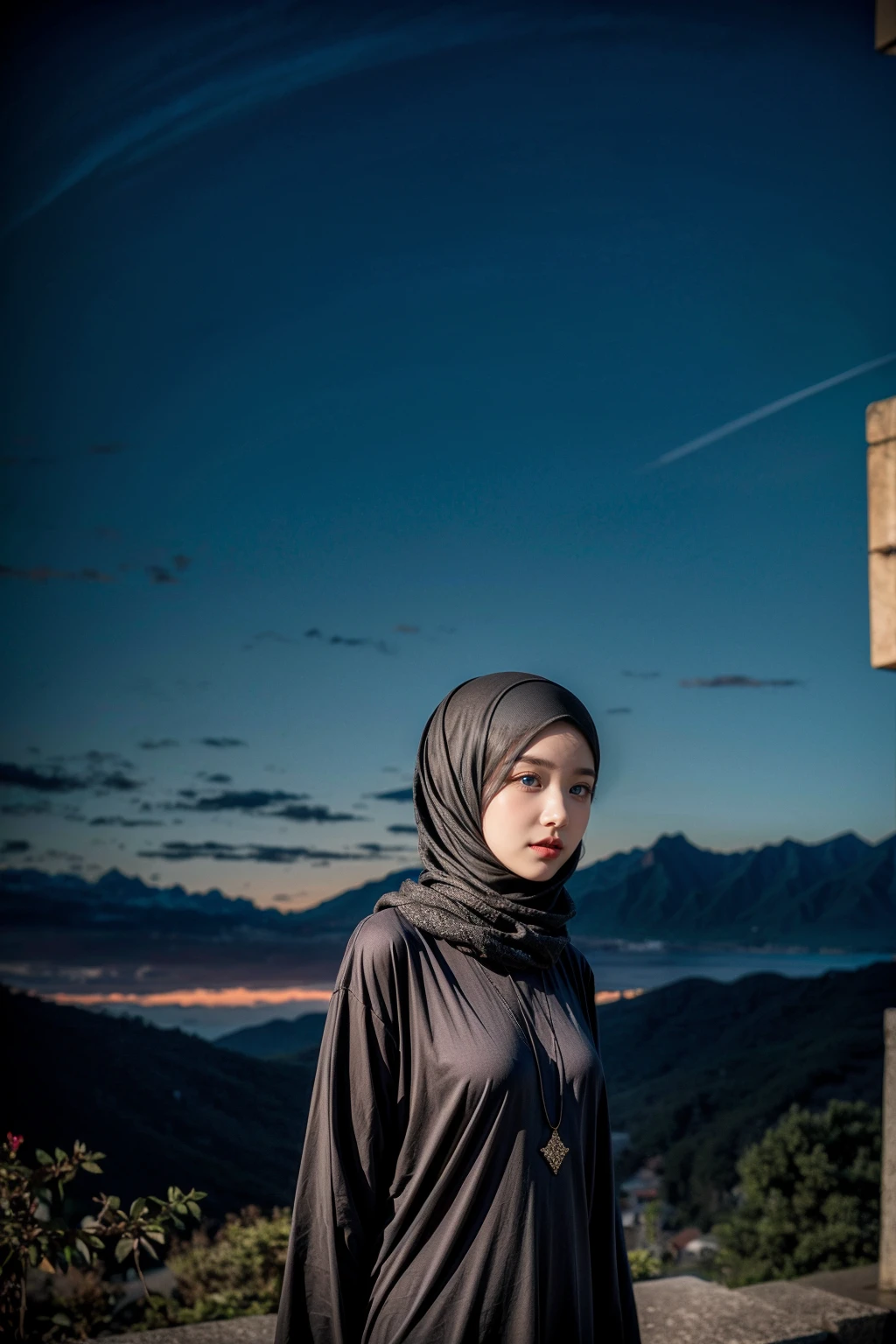 (Half-body:1.1), (loli:1.5), long tshirt Outfit, (RAW photo, Materpiece, Best Quality), (hijab:1.4), (headscarf:1.2), Flower Mountain, Landscape view, Galaxy Blackhole style, on the skies wave, The unknown existence of the seventh heaven, Clothes that are covered and polite, long-sleeved Hijab clothes, look polite and elegant, ((Best Quality Hijab Hair, Hair close with Hijab))