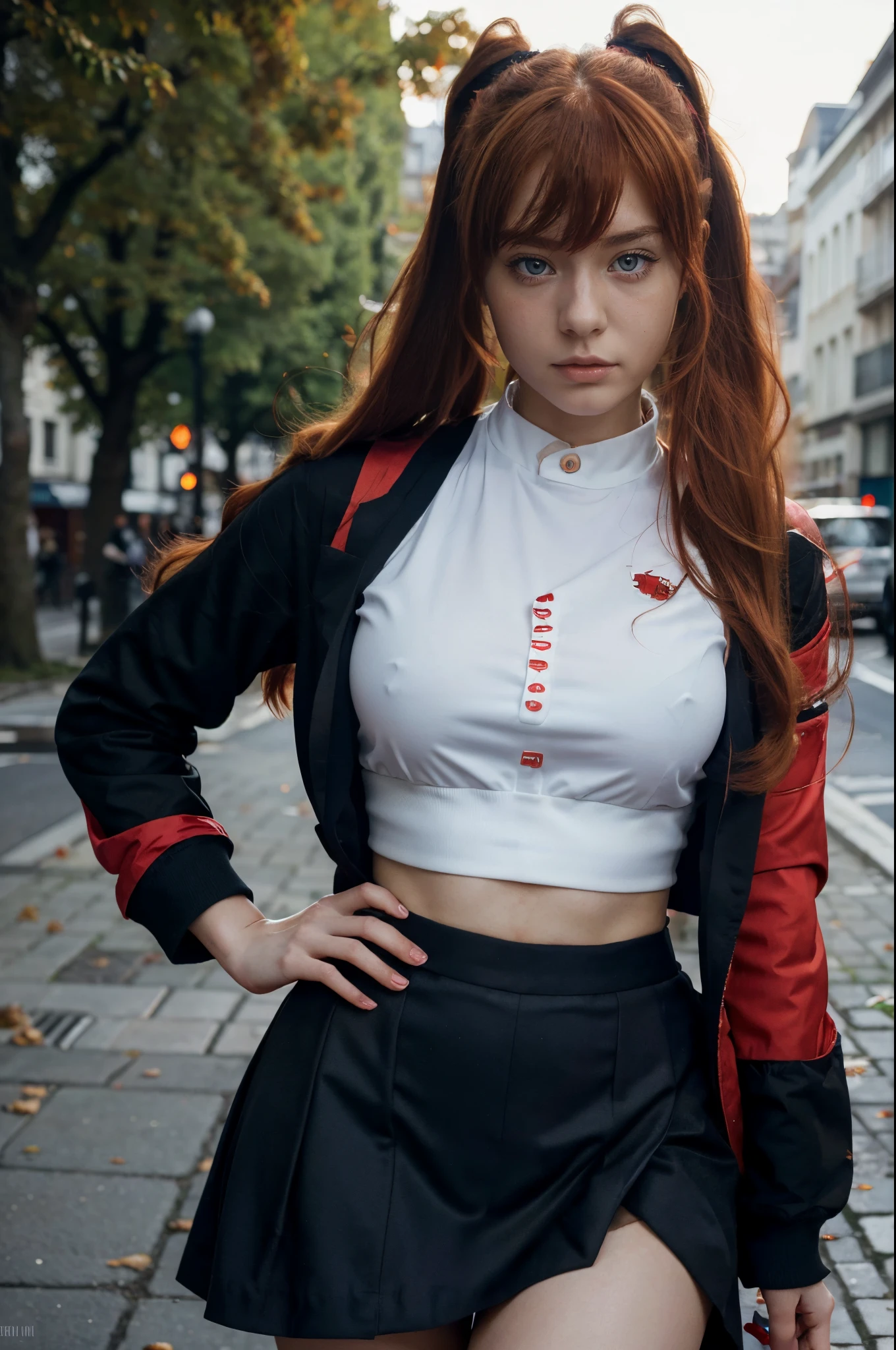 (best quality), high resolution,Asuka Langley Soryu, Beautiful Pretty Mixed German Babe, (Beautiful face), sexy lips, Auburn Twin Tails Ginger Hairs, intense gaze, dark blue detailed beautiful eyes, combine realism and anime influence, (dynamic pose), street fashion photography, paris street, red jacket, ribbon hair, black skirt, model