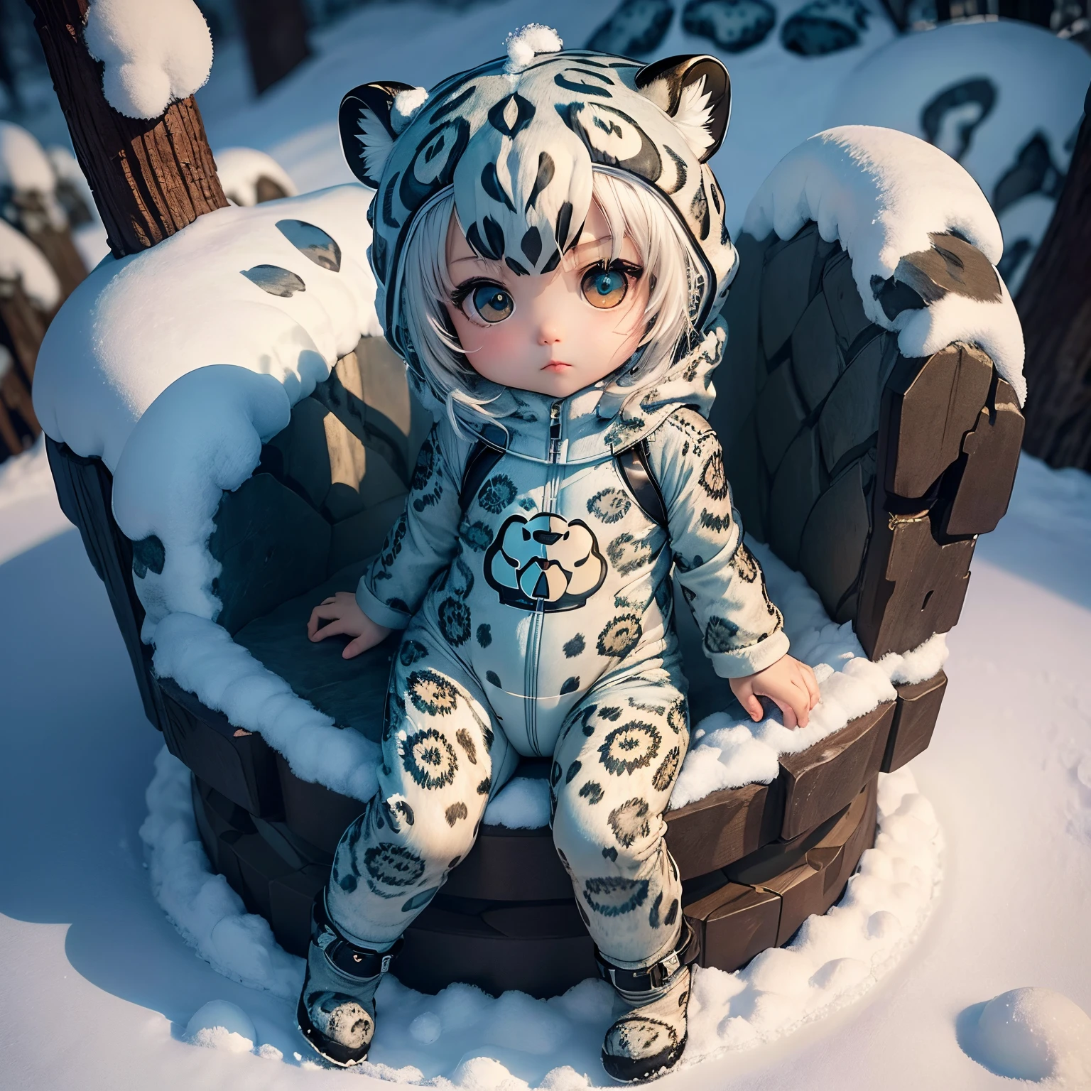 masterpiece、top-quality、ultra-detailliert、(Chibi Chara's Daughter:1.2),(snow leopard body suit:1.3),fairy tale snow forest,sit on snow rock,