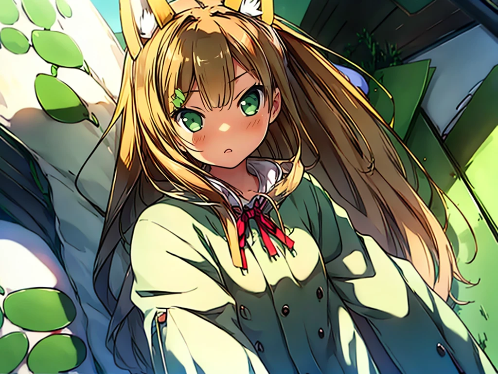 green colored theme，facing at the camera，Half a body，fox ear，There is white fluff inside，rice long hair，Green-eyed，The shirt，Green coat，A red bow tied around the neck。