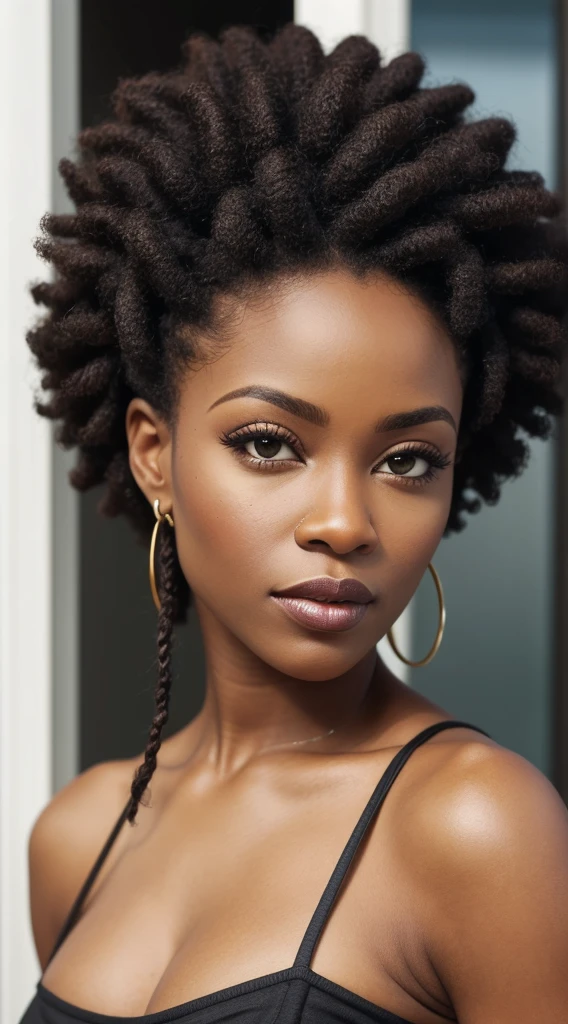 head shot photo of Texra Waters, African stunning woman, dark skinned, braided Afro hairstyle