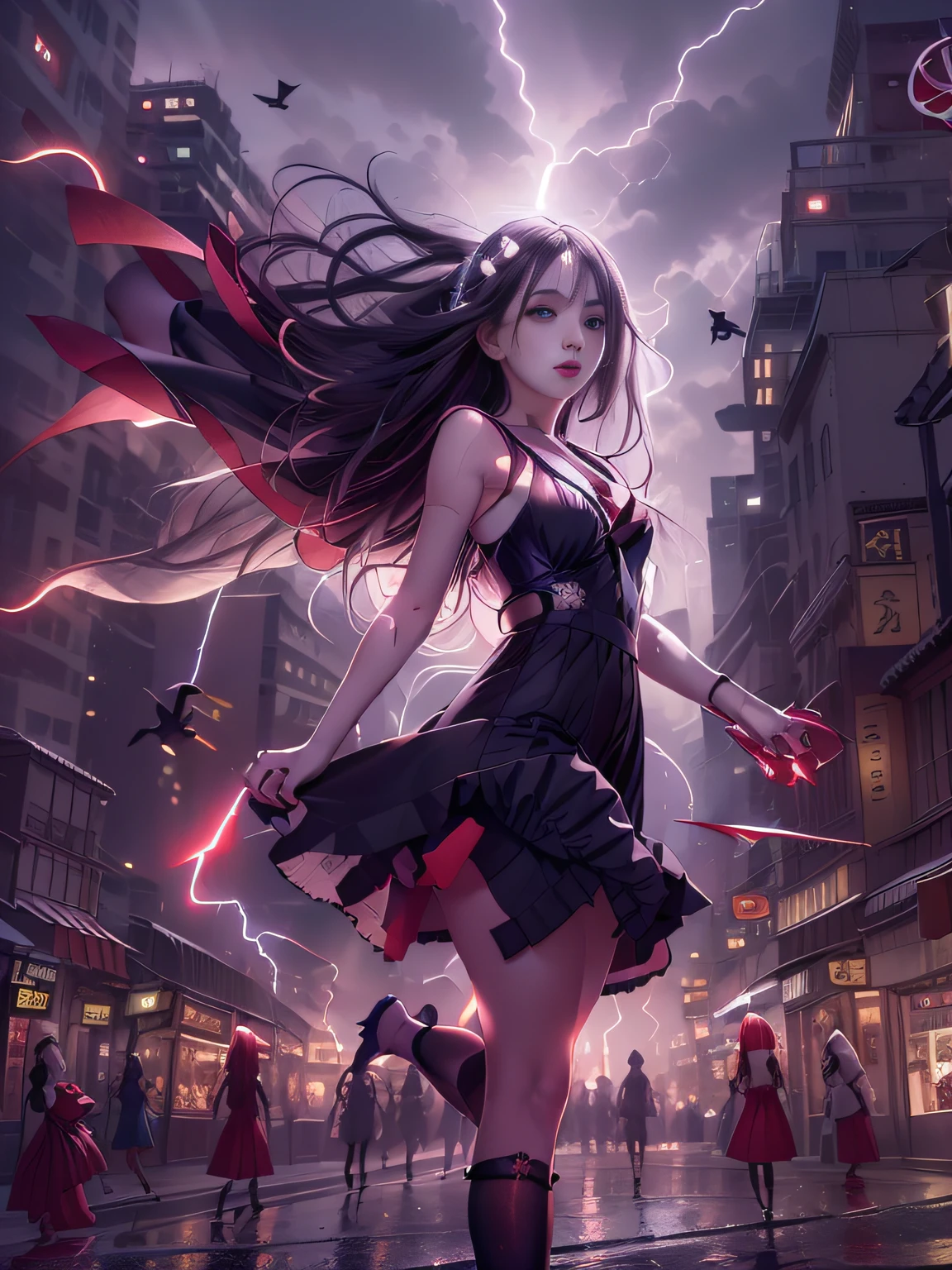 Gothic black girl - Rowley floating in the city with lightning,Gothloli albino girl floating in the city with one hand,Mulher no vestido preto com cabelo vermelho e preto, Gothic maiden girl, menina no vestido preto, 1 menina de 7 anos,old goth girl, an elegant gothic princess, Arte no estilo de Guweiz, No estilo de arte de Bowater, dreamy gothic girl, 8k arte detalhada de alta qualidade, gothic art style, wearing a gothic dress,fechamento,wearing underwear,olhos vermelhos,olhando para baixo,cabelos brancos,vento,head tilt,cabelos brancos, cabelos prateados, cabelos longos, franja contundente, Cabelos lisos, cabelo grande, cabelos expressivos, (Olhos vermelhos que brilham intensamente:1.8), Olhos para baixo, (olhos vermelhos:1.5),Seios pequenos,Perna fina,louco, desiludido,Tiros largos,Wide angles,Tiro lateral,3 view,,(Close up retrato de uma pessoa em um vestido preto voa sobre a cidade:1.7),Pessoas fugindo das ruas movimentadas da cidade repletas de lojas々, rua movimentada, Rua lotada de gente, fotografia da rua da cidade, japanese downtown, Traditional cities in Japan, ruas movimentadas,paisagem urbana movimentada, cidade movimentada, lotado de pessoas, Ruas movimentadas na lua, ruas lotadas, Shutterstock, Movimentadas ruas de cidades pequenas,mau tempo、A huge amount of purple lightning came out of the girl's hand and hit the city,Dark clouds cover the city pierced by clouds of lightning, lightning clouds, Atmospheric lightning, Pink Lightning, with thunderstorms, Dark storm with lightning, Dramatic purple lightning, Lightning in the sky, contrast lightning, thunderstorm in the sky, lightning in the background, with lightning bolts, Tempo tempestuoso com raios, Top volumetric lighting,Efeito de usar aura roxa,(Control a large number of beams with open arms:1.4),Destroy the city with a girl's lightning attack,Chamado nariz,Lightning effect on both hands,Countless balls glowing purple around the girl,goddess of lightning, tempestade, storm outside, Ela atrai muitos raios roxos,