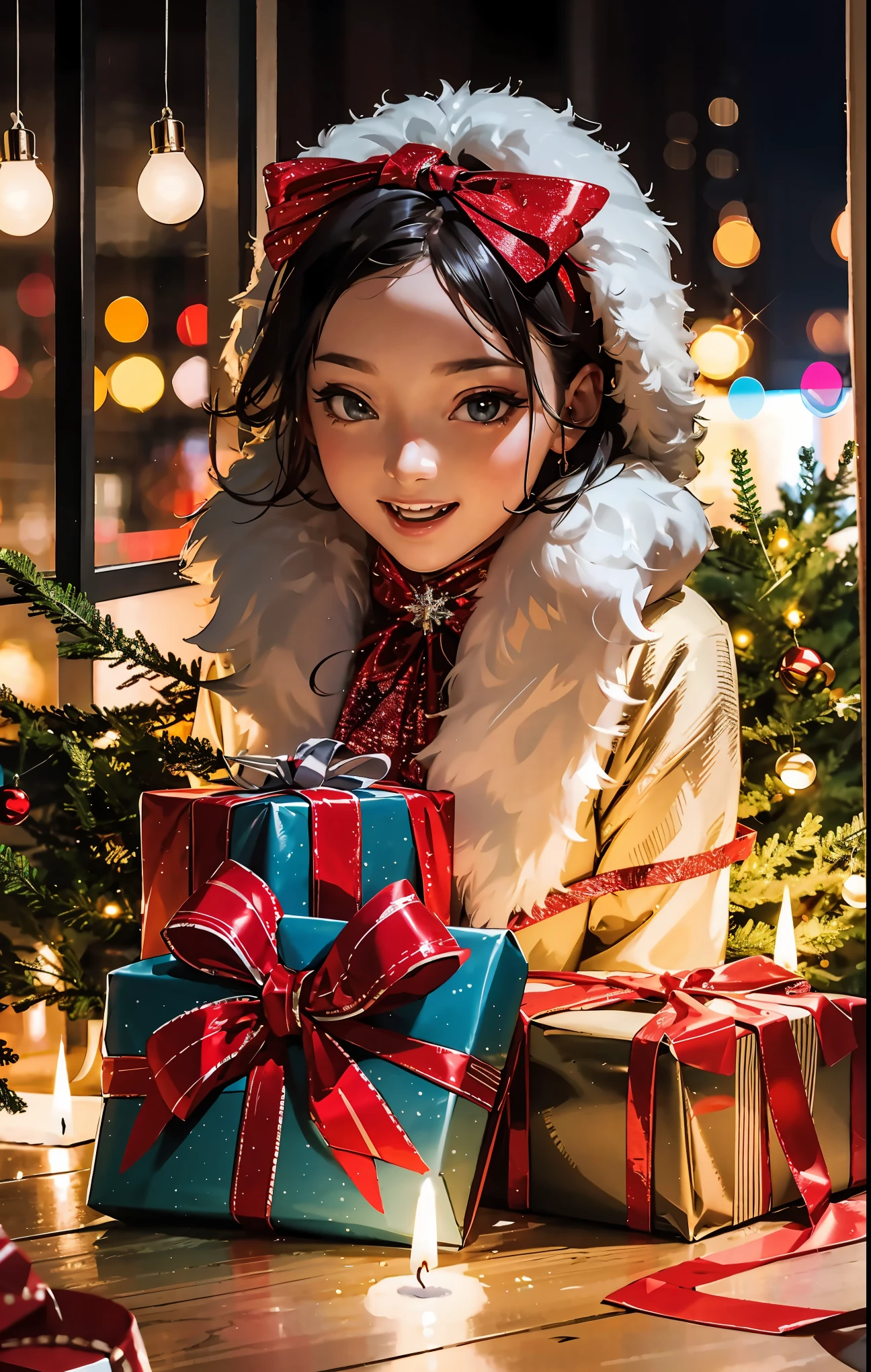 (best quality,4k,8k,highres,masterpiece:1.2),ultra-detailed,realistic,gifts,table,Christmas tree,decorations,wrapping ,bows,ribbon,presents,holiday spirit,vibrant colors,warm lighting,cozy atmosphere,toys,cards,candles,snowflakes,joyful,celebration,exquisite details,exciting surprises,shiny ornaments,sparkling tinsel,beautifully wrapped,excited children,anticipation,festive mood,magical ambiance,delightful moment,wonderful memories,family gathering,cheerful faces,Christmas magic,extravagant,abundance of presents,HDR,UHD,studio lighting,ultra-fine painting,sharp focus,physically-based rendering,professional,vivid colors,bokeh.