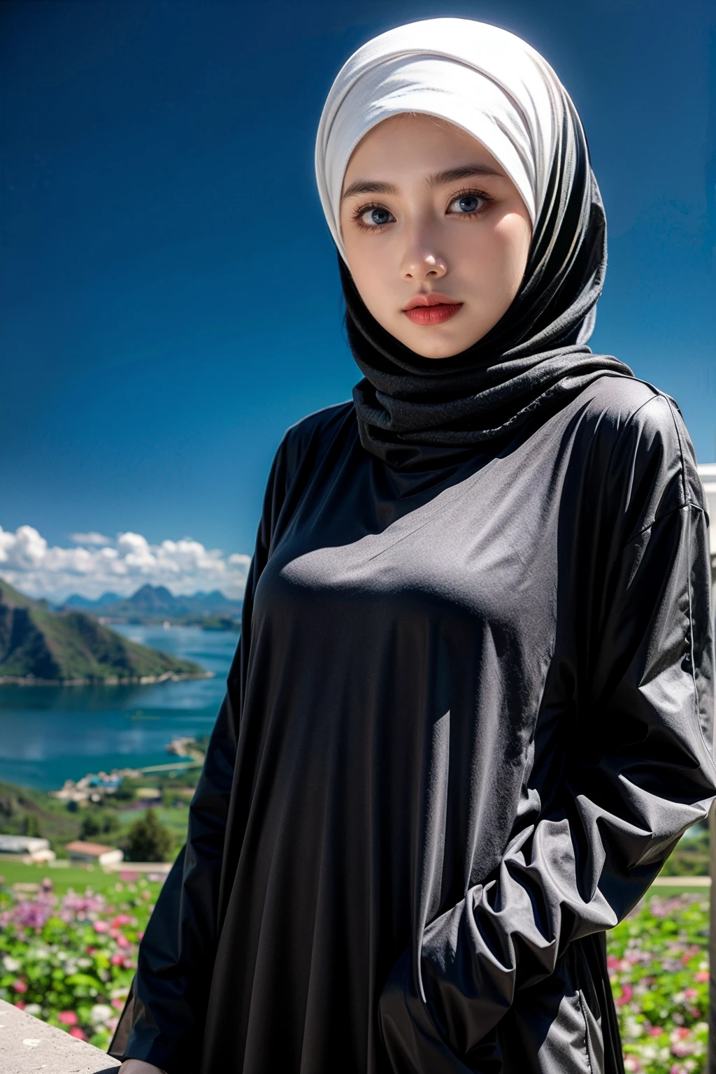 (Half-body:1.1), (li:1.5), long tshirt Outfit, (RAW photo, Materpiece, Best Quality), (hijab:1.4), (headscarf:1.2), Flower Mountain, Landscape view, Galaxy Blackhole style, on the skies wave, The unknown existence of the seventh heaven, Clothes that are covered and polite, long-sleeved Hijab clothes, look polite and elegant, ((Best Quality Hijab Hair, Hair close with Hijab))